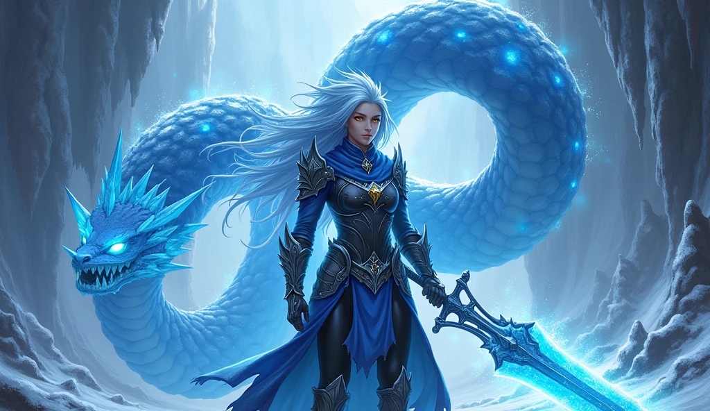 Cryo Claymore user with long, spiky icy blue hair and golden eyes. She stands confidently at the entrance to the frozen dungeon of Dragonspine., holding a glowing, ice claymore. She is dressed in dark armor with silver and blue accents., and a torn cloak, fluttering in the icy wind. Lucius writhes around her., a huge ice snake with glowing blue eyes. Jagged ice formations and a storm are visible in the background., snowy sky. A cold blue light illuminates Callisto and Lucius, with shining cryo-crystals, adding a magical effect.
