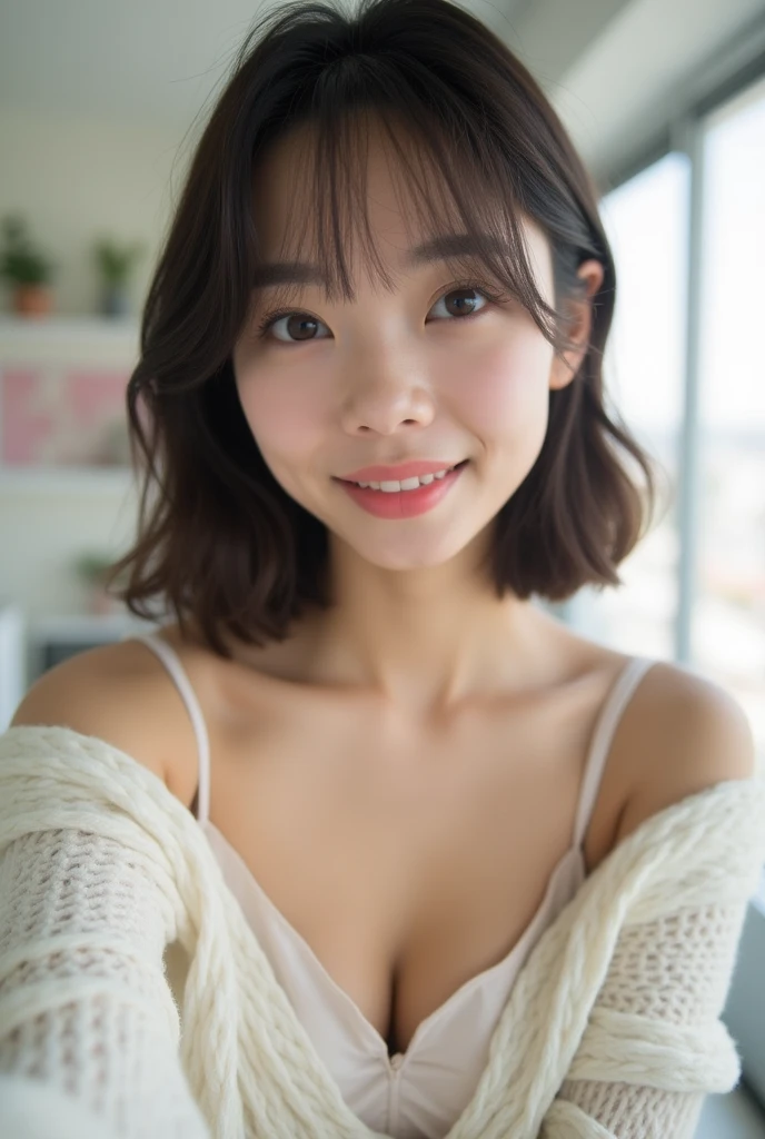 Beatiful japanese naked girl with big tits, trimmed public hair, medium hair, brown eyes, neat and clean, in the adult woman's room with white furniture, selfie