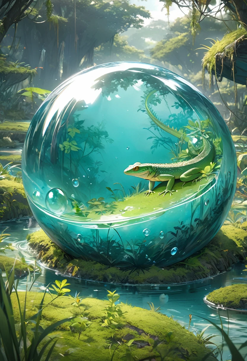 masterpiece、 Highest quality, Highest quality, Highly detailed、8k、 High resolution, Fantasy、wetlands、Lizard trapped in spherical slime、