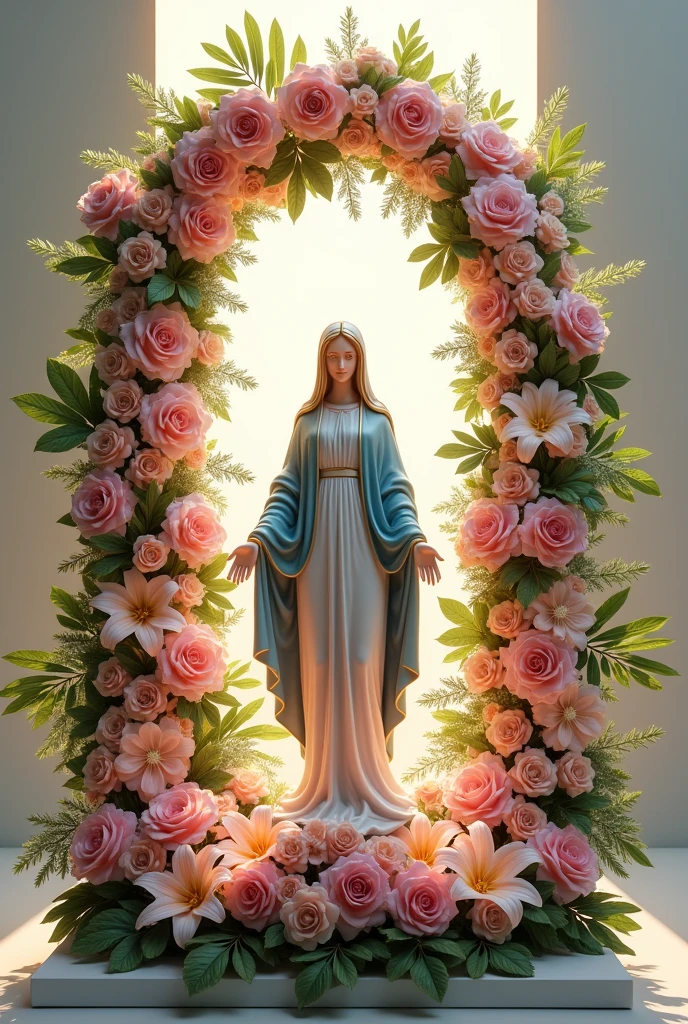 Make me a floral arrangement with an arch of roses halfway up, square base ,with pink roses, Lilies, palm leaves, pompoms and with the statue of the Virgin Mary in the center, Let the title Glorious Rose of Christ's Garden follow ,
make it look real