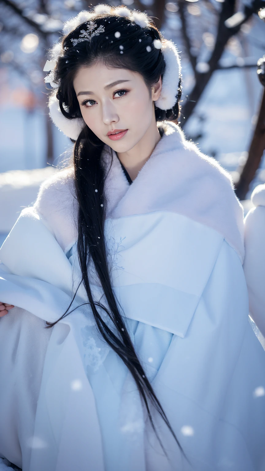 1 Fashion Model [[[[close up]]]], [[[[neck]]]], [[[[Shoulder]]]], (((Complete head)))，(((Complete hairstyle)))，Perfect eyes, Perfect Iris，Perfect lips，Perfect Teeth，Perfect skin，White skin，Soft headlights，High-density imaging，Black long hair，（Clean and delicate face），((Simple fur winter Hanfu))，((full-body shot))，((The background is a snowy scene))，((winter))，((Various dynamic poses))，((The background is a snowy scene))，best quality，masterpiece，（Soft colors：1.2）