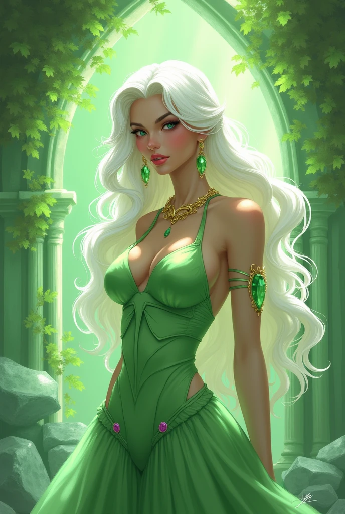 Create a digital drawing with a peridot vibe with rose quartz and green and busty as hell White hair like Rose Steven Universe style
