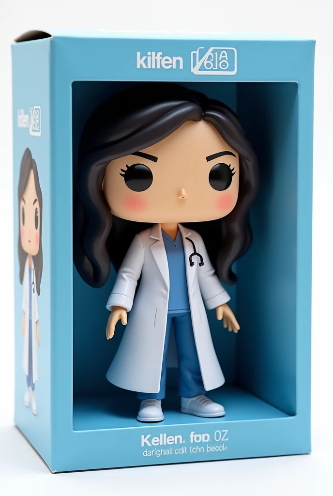 Create a Funko Pop of a kellen call, Brunetette, with slanted eyes, long black hair, dressed as a doctor. Funk must be presented inside and outside a blue box "unlimited editing". The box must also allow viewing of the funko, Typography, the rendering must be in 3D with a white background