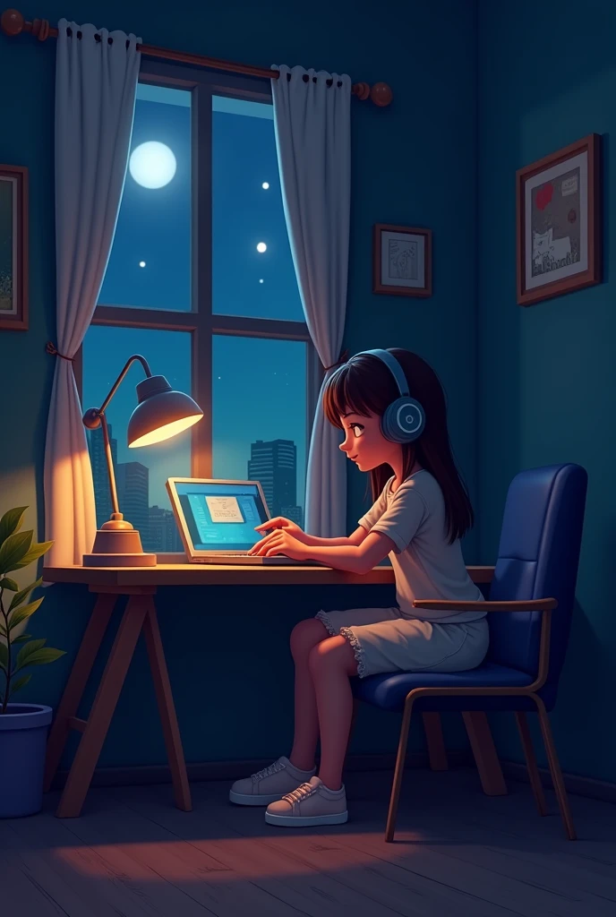 night、Listen to music in a cozy room, Use headphones, 2D-style animations, Lo-Fi, hard disk, Dark Environment