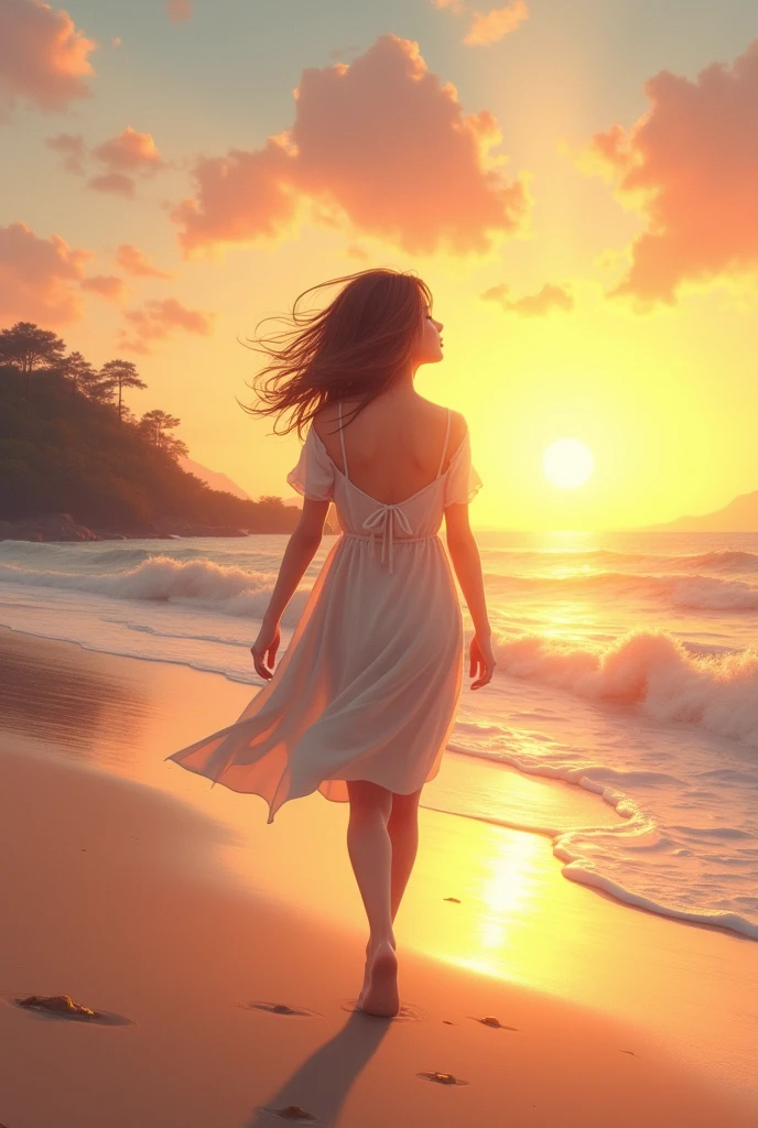 Sunset Beach Stroll: "A realistic image of a girl walking along the beach at sunset, the sky filled with warm, golden hues. She is barefoot, wearing a light summer dress, and her hair is tousled by the sea breeze. The soft light and gentle waves in the background create a serene and beautiful scene."