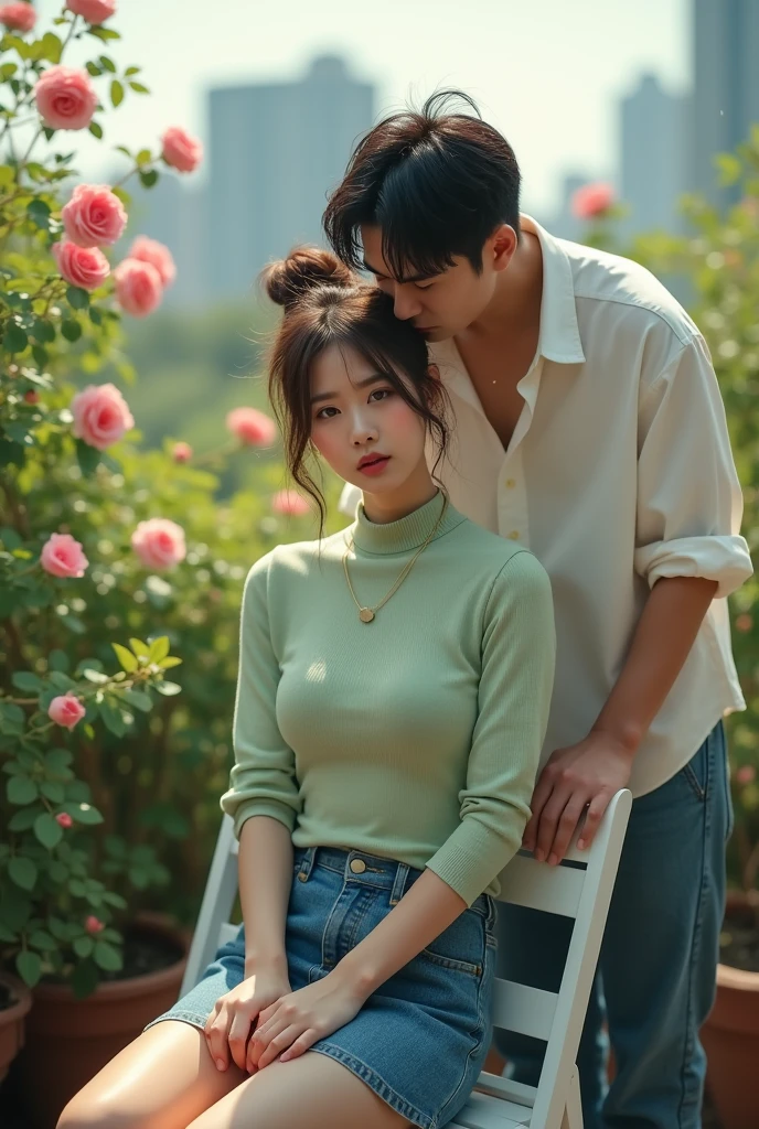 a beautiful japanese woman with messy bun highlighted brown hair, turtle neck light green ((floral print)) inner top and blue jeans skirt, the woman is is sitting on the white garden chair in a rooftop garden, roses vines, the woman's face was sulky and the man persuaded her, he is standing behind the woman kiss her cheek from behind. the man is handsome japanese man wearing loose white shirt and jeans. particles and nice lighting, UHD, HDR, 8k, Masterpiece, close up, realistic, hyper realisitc, over shoulder shot, woman is facing camera, focus on her sulky face.