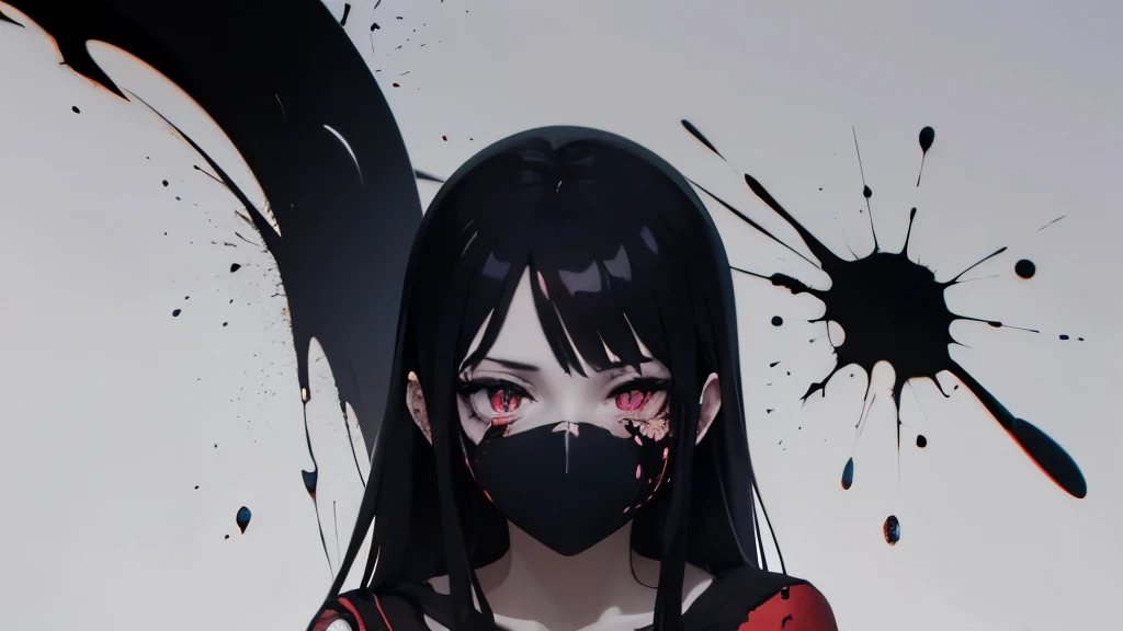  simple background, monochrome, horror (theme) there is a broken picture, black paint splatted, red blood splatted, smoked, red blood  (((anime girl character))), big boobies, wearing a mask