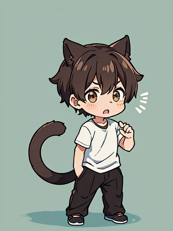 1boy, close mouth, short hair, brown hair, brown eyes, NEKOMIMI, cat tail, white T shirt, gray jacket, black pants, put hands on body, standing, full body, green background, close mouth, chibi,