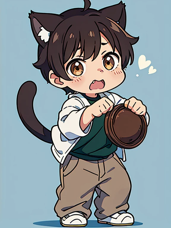 1boy, close mouth, short hair, brown hair, brown eyes, NEKOMIMI, cat tail, white T shirt, gray jacket, black pants, put hands on body, standing, full body, green background, close mouth, chibi,