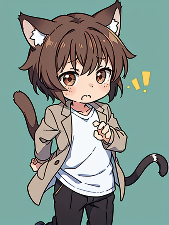 1boy, close mouth, short hair, brown hair, brown eyes, NEKOMIMI, cat tail, white T shirt, gray jacket, black pants, put hands on body, standing, full body, green background, close mouth, chibi,