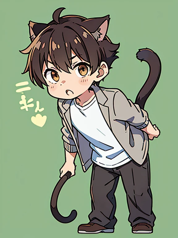 1boy, close mouth, short hair, brown hair, brown eyes, NEKOMIMI, cat tail, white T shirt, gray jacket, black pants, put hands on body, standing, full body, green background, close mouth, chibi,