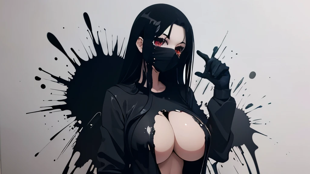 simple background, monochrome, horror (theme) there is a broken picture, black paint splatted, red blood splatted, smoked, red blood (((anime girl character))), big boobies, wearing a mask