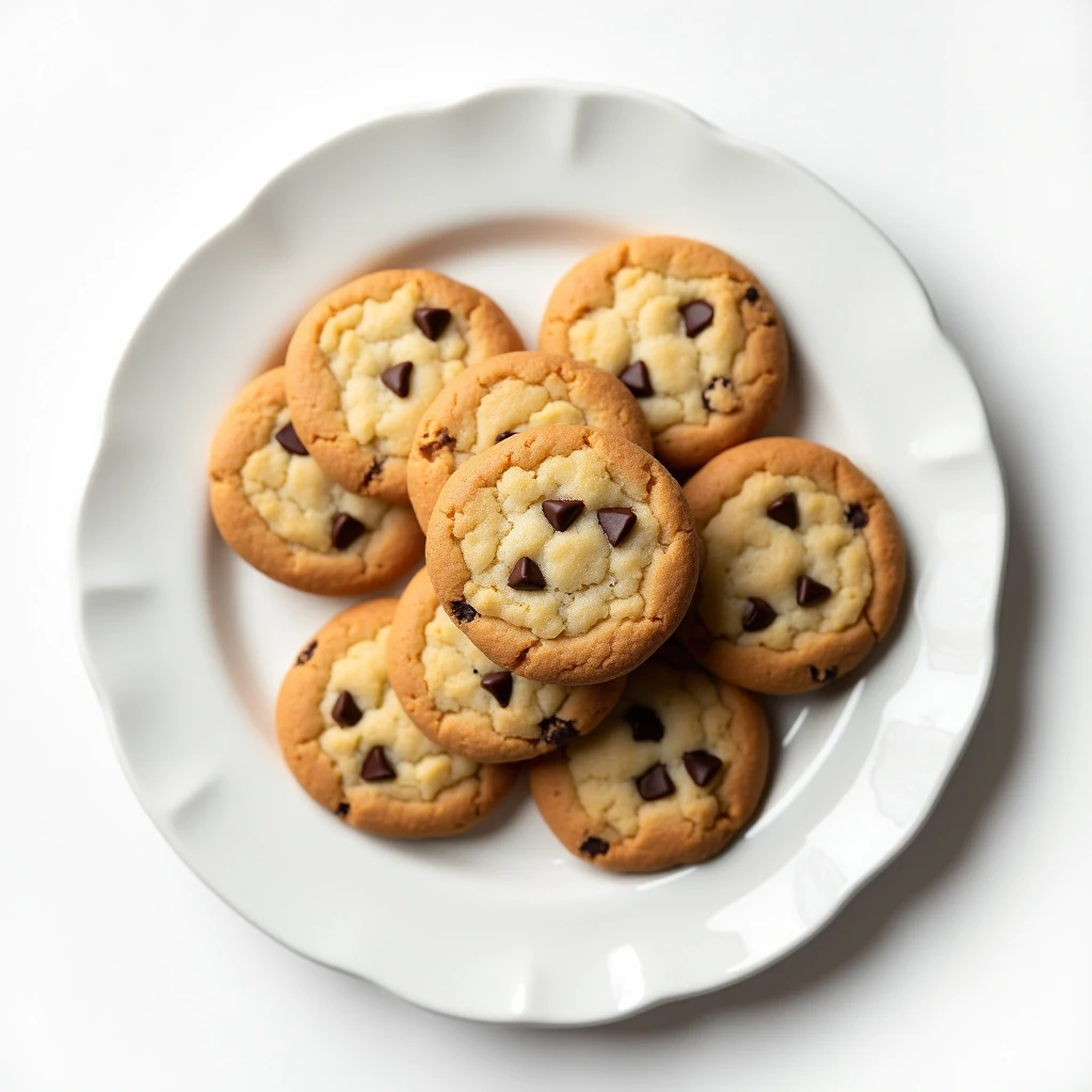 "Top-down angle focusing on a patternless white plate with neatly arranged round chocolate chip cookies placed side by side on a patternless white table."