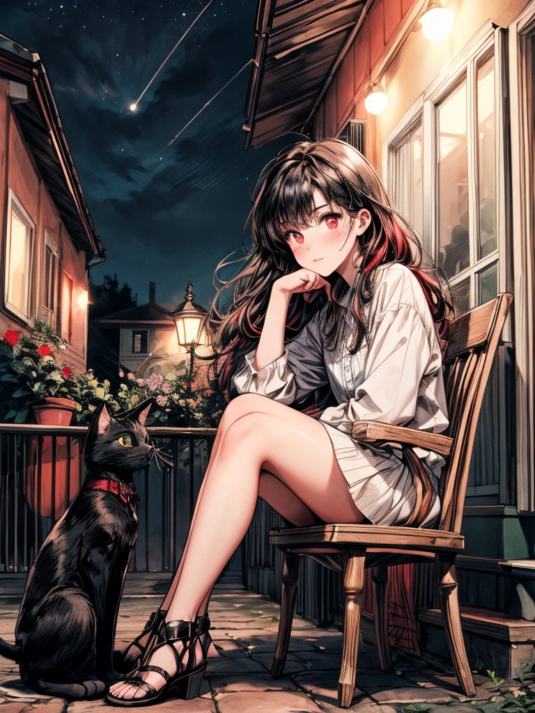 beautiful woman, (((full body))), ((background outdoor house)), (best quality), 1girl, solo A room with glass windows, curtains, a young woman with long black hair, red hair , White eyes with red pupils stare at sky, sitting on a chair, She is sitting and drink wild in front of the house., There are flowers, flower pots, a table, a wine glass, a wine bottle, a lamp, a black cat, Outside the window, there is a dark sky and stars.