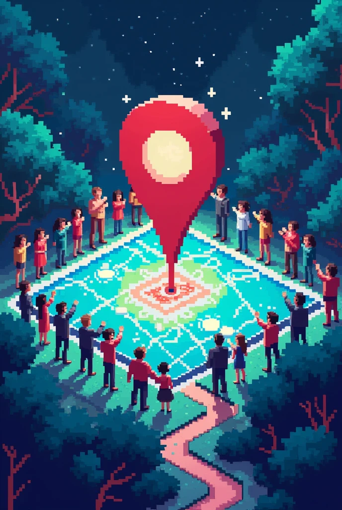 Pixel world, a map and on that map is written the word mairiporã,  on top of this map there is the google symbol shining, There are people around pointing at the map, pixel world a palavra que é para estar no mapa é Mairiporã,  MAIRIPORÃ 