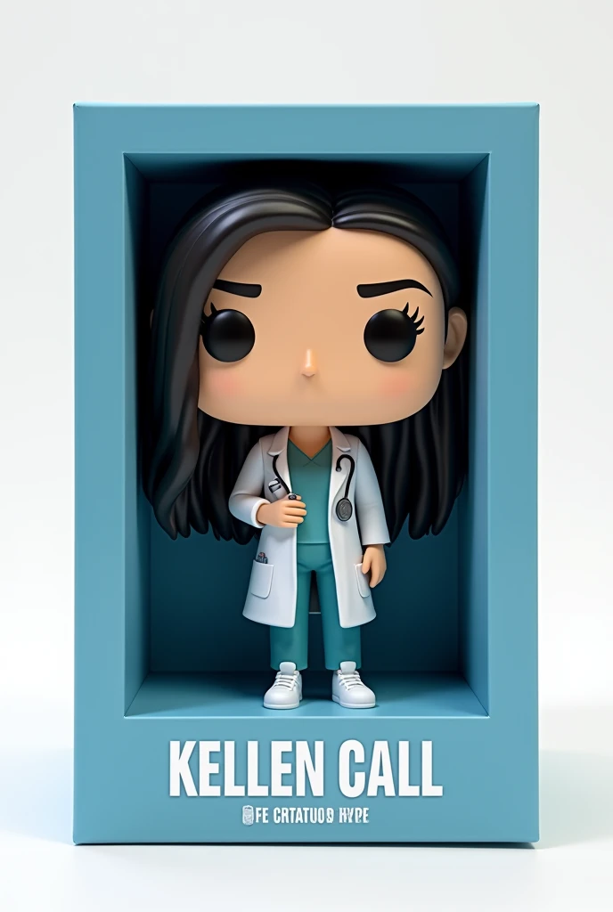 Create a Funko Pop of a kellen call, Brunetette, with slanted eyes, long black hair, dressed as a doctor. Funk must be presented inside and outside a blue box "unlimited editing". The box must also allow viewing of the funko, Typography, the rendering must be in 3D with a white background