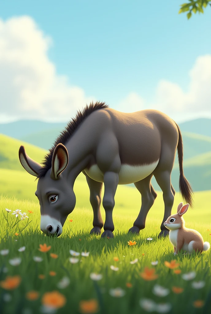 A male donkey is eating grass in the field. 
There was a rabbit with it.