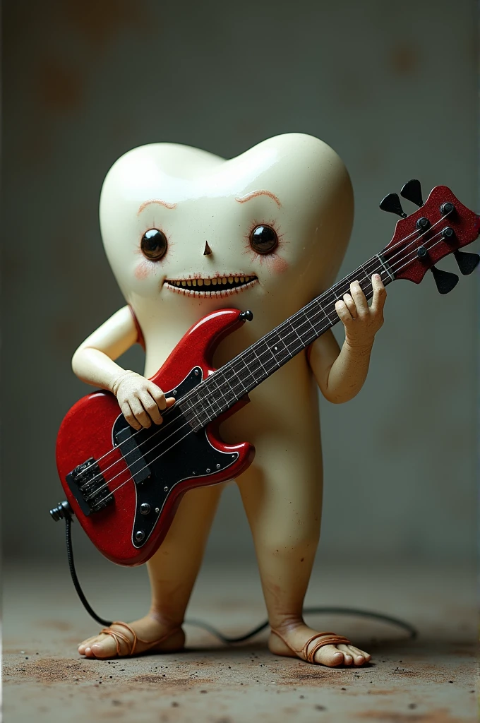 A molar playing the dark red, black-edged five-string electric bass.
