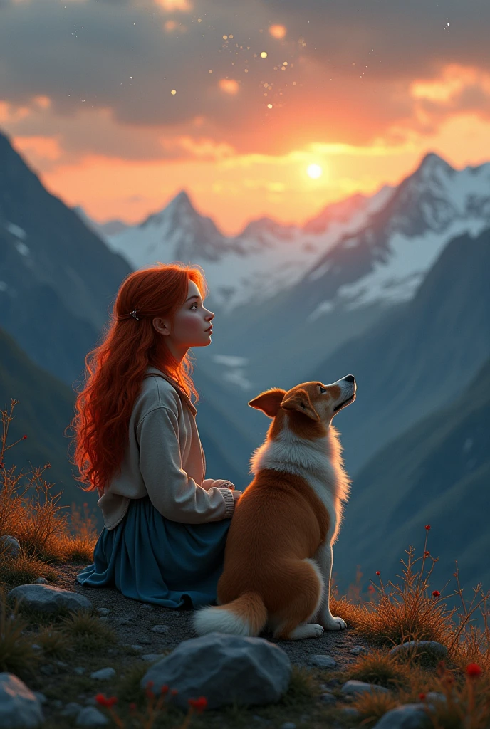 Redhead girl with white skin sitting on a mountain next to a podlee dog watching the stars at sunset