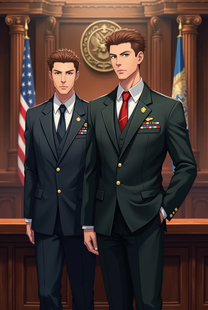 A 2 man in a suit, green eyes brown hair, military court