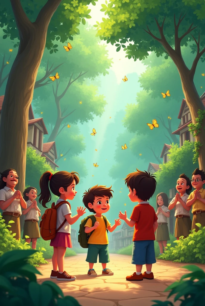 3 children sharing their experience in the forest with the village 