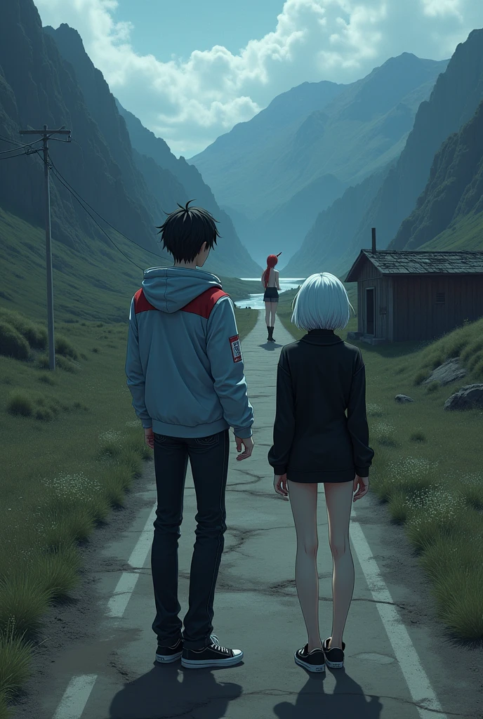 The image is anime style cowboy bebop and Darker than black with shadows and dim lights, anime style although somewhat adult and dark, It shows a rural road, where an old and destroyed building is located between the mountains, the view of the image is aerial. in the middle of a valley, where you can see mountains and a river below, on a vacant lot, very far, You can see an adult with black hair wearing a light blue jacket with red details, and black sneakers and an adult albino woman with short white hair wearing a black sweater and black minishorts, She has a big butt, He doesn't wear any more clothes, She is barefoot, Beautiful feet. both, They are standing at the other end of the road. On a very, very, very, very distant road, Kilometers away stands a naked red-haired adult woman with a single horn on her head, She wears her hair in a big braid.