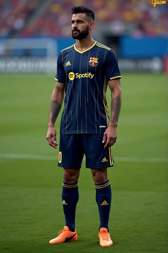 Dark blue soccer uniform with gold lines, Adidas and Spotify logo like Barcelona&#39;s
