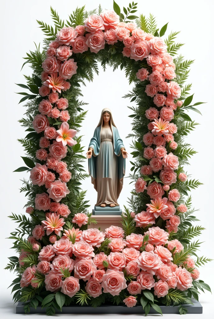 Make me a floral arrangement with an arch of roses halfway up, square base ,with pink roses, Lilies, palm leaves, pompoms and with the statue of the Virgin Mary in the center, that the title says “Glorious rose from the garden of Christ” , 
make it look real 

