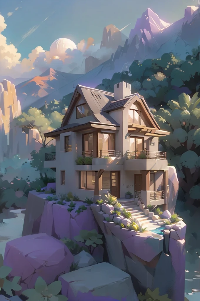 small and beautiful modern house in top of big boulders, terraces, pool, stairs, multiple cacti gardens, palms, trees, rocks, beautiful landscape design, mountains and volcano y background, amazing clouds, sun, moon, planets, milky way galaxy, concrete, wood, glass and steel materials, olive green, violet, orange and withe colors in facade