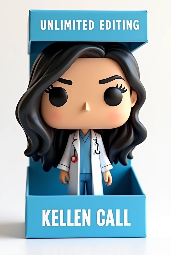 Create a Funko Pop of a kellen call, Brunetette, with slanted eyes, long black hair, dressed as a doctor. Funk must be presented inside and outside a blue box "unlimited editing". The box must also allow viewing of the funko, Typography, the rendering must be in 3D with a white background