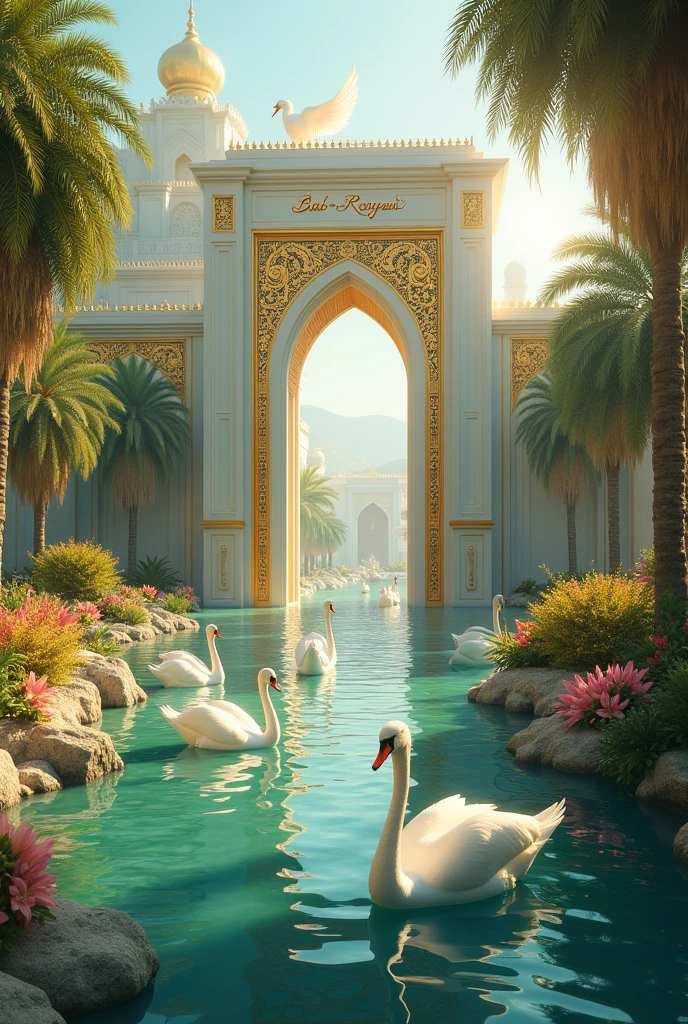 Beautiful islamic jannat, Paradise, 8 gates, one gate name written"bab-e-Rayyan", beautiful canal with crystal clear water and full of gems precious stones and high neck beautiful swan and lots of golden beautiful utensils around the canal, golden palaces, garden, fruit in it, beautiful angels shadow with wings , etc.