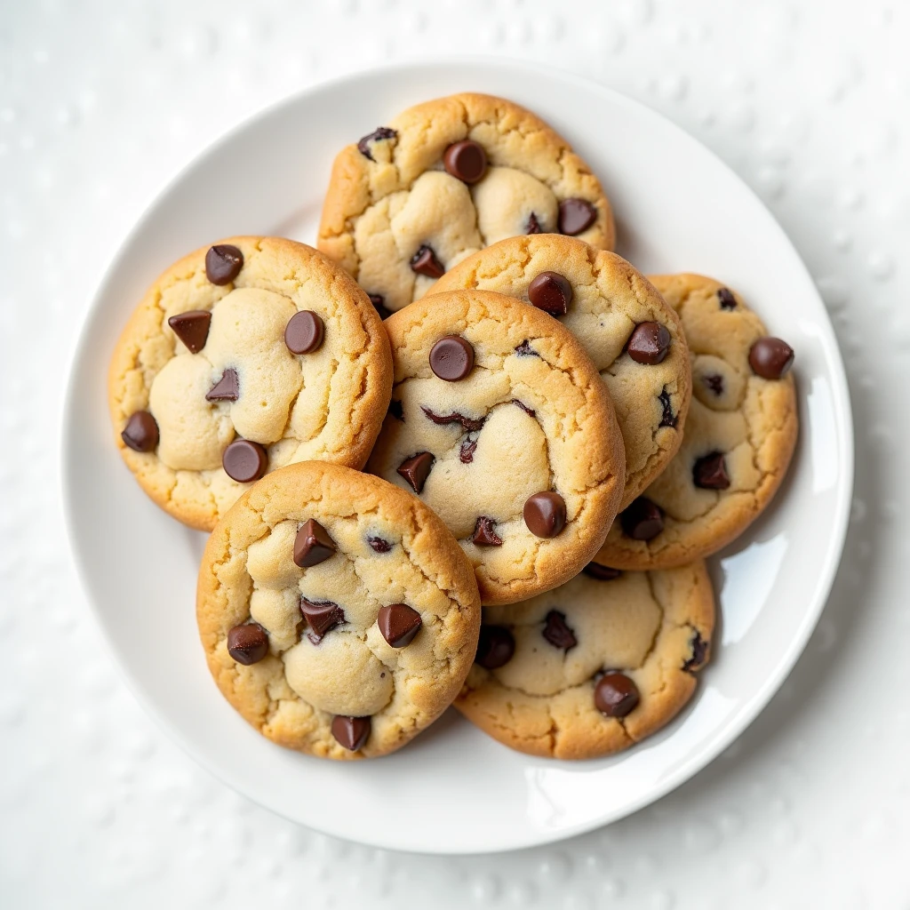 "Top-down angle focusing on a patternless white plate with neatly arranged round chocolate chip cookies placed side by side on a patternless white table."