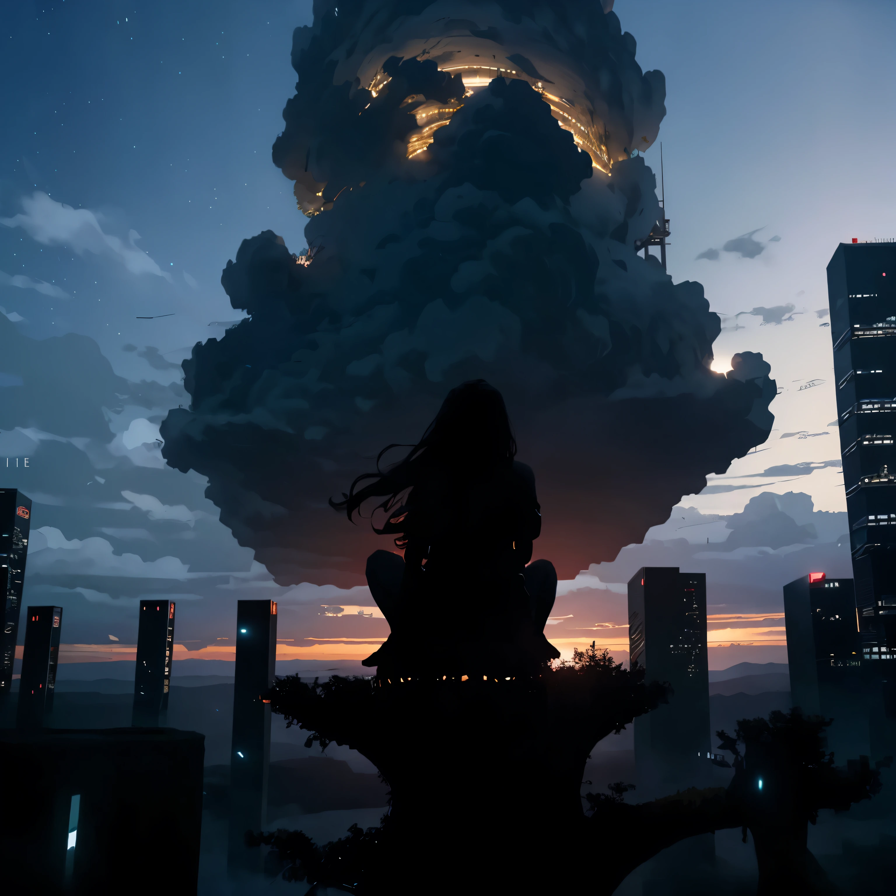 octans, sky, star (sky), scenery, starry sky, night, 1girl, night sky, solo, outdoors, building, cloud, milky way, sitting, tree, long hair, city, silhouette, cityscape,