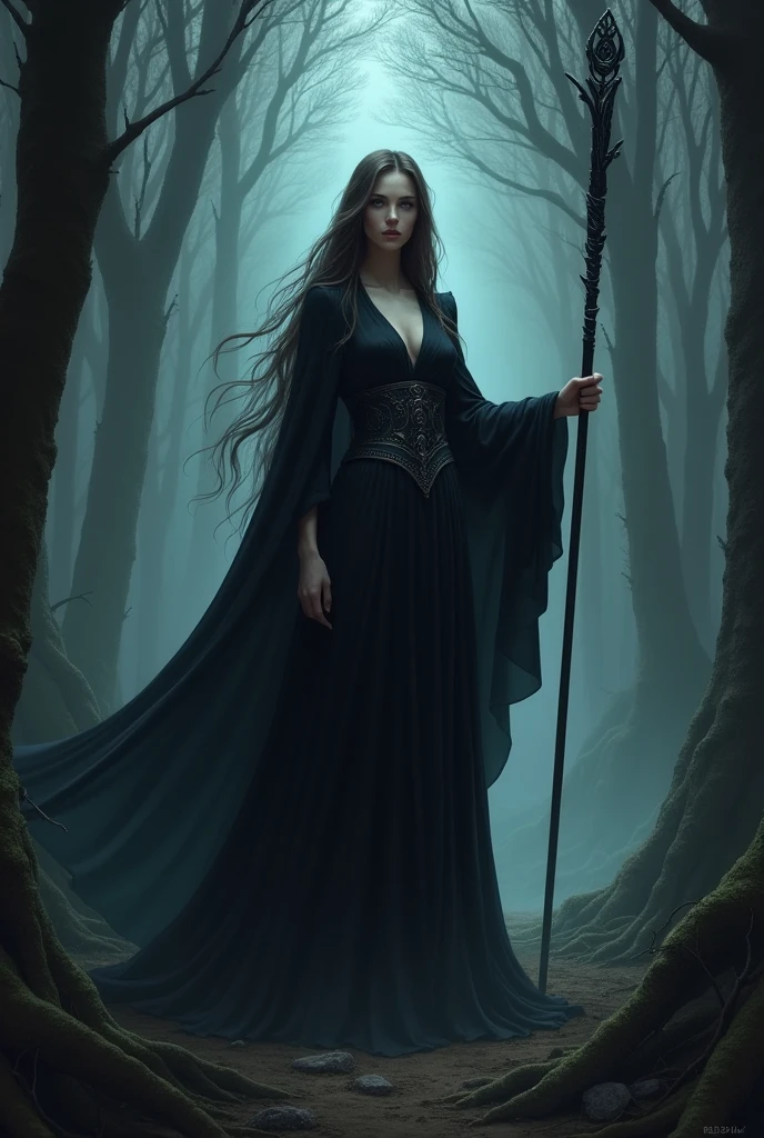 A Goddess of darkness in her long dark dress with a long wand in dark forest standing,