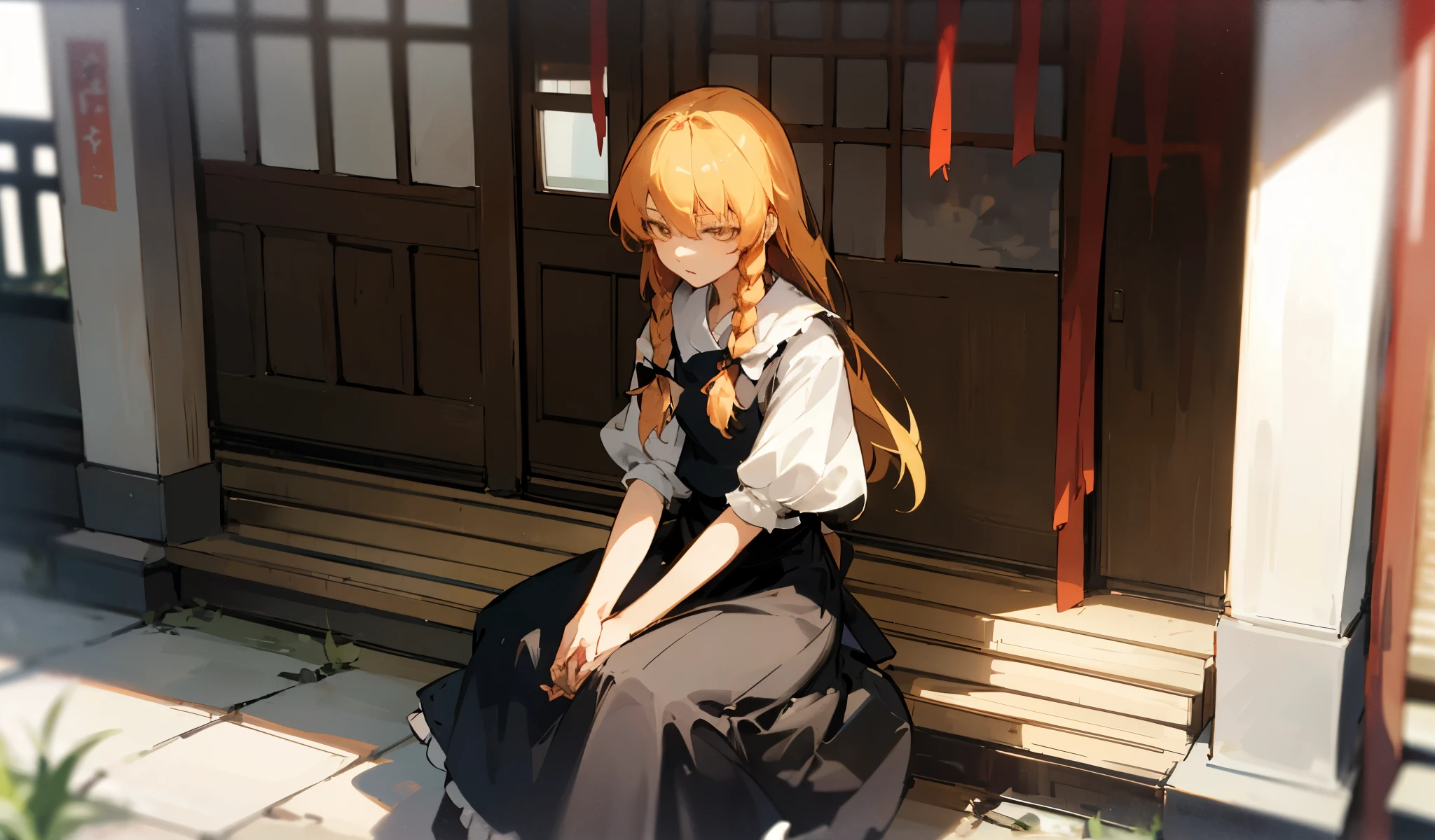 The main character is Kirisame Marisa, the blonde magician girl from Touhou Project. Her hands are covered by clothes. She is sitting alone at the entrance of Hakurei Shrine. There is no other person and no text.

