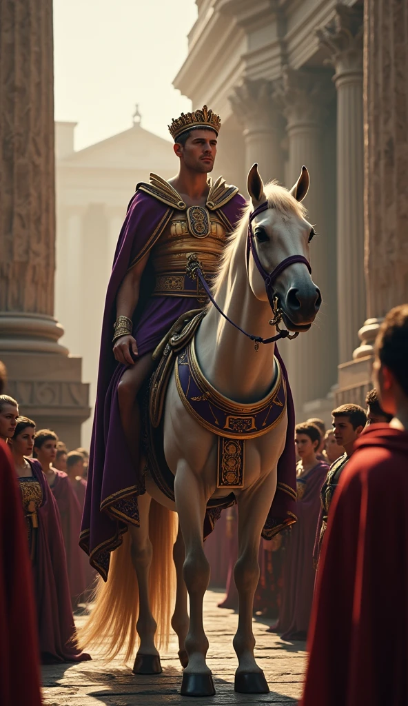 Close-up shot, Low angle shot, (A symbolic image of Caligula “dressed in a richly adorned purple toga with a golden laurel crown”, standing on a balcony high above the Senate, looking down with a condescending smirk as Incitatus, “a majestic white stallion”, now adorned with a senatorial sash, is led into the chamber. The senators below, their faces twisted in horror and disbelief, bow awkwardly to the horse. The scene is set against a backdrop of the Roman Forum, with its grand temples and statues, but the atmosphere is tense, as if the very foundations of Rome are crumbling under the weight of Caligula’s madness.) unreal engine, cinematic, hyper-real, highly detailed, Ultra realistic HD --q 2 --v 6.1 --ar 9:16