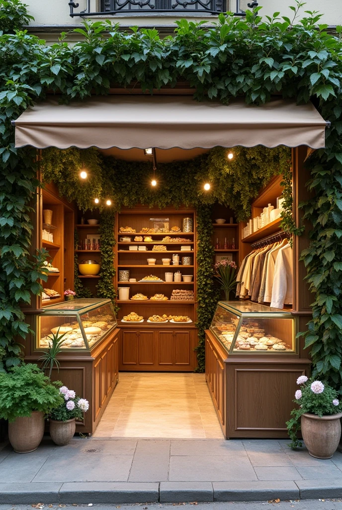 Create a street shop theme based on nature with earthy tones ,some shades of green . amalgamation of multiple business at one stop to increase sale of clothing garments with paris strrt look  . Include some pastry cookies and pasta shop  , bouquet shop to increase sale of garments showcase for exhibition. Beautiful as well so that crowd get attracts.create a look luxurious clothing store of 60 % area and 20 % for cookies ,cake ,pasta ,pizza and coffee bakery shop and 20 % for bouquet shop. To attract elite class crowd. Add small sitting area for coffee zone. 