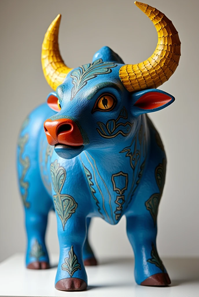 A Mexican alebrije of a blue bull with yellow horns that looks super imposing