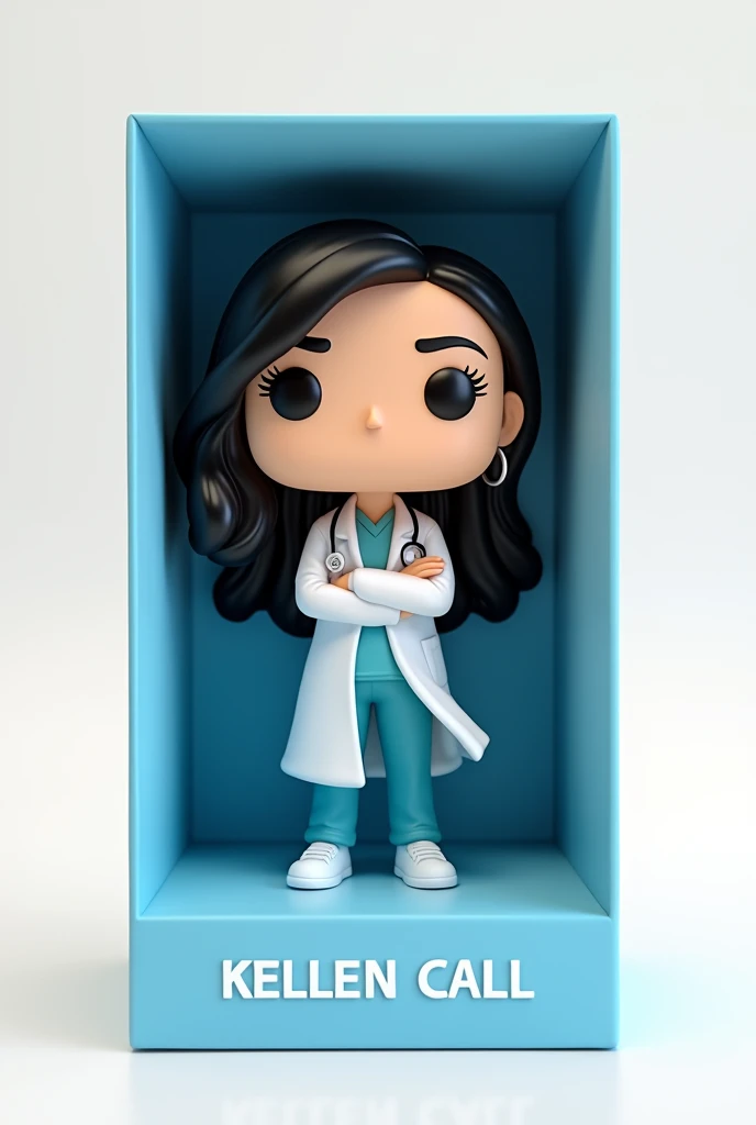 Create a Funko Pop of a kellen call, Brunetette, with slanted eyes, long black hair, dressed as a doctor. Funk must be presented inside and outside a blue box "unlimited editing". The box must also allow viewing of the funko, Typography, the rendering must be in 3D with a white background