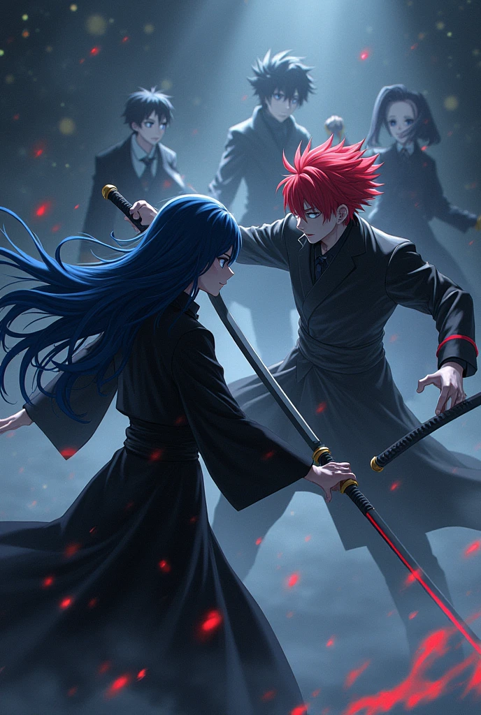 A princess with long dark blue hair with blue eyes in a black kimono suit and who is fighting with an Assassin with red hair with white eyes in an anime manga version suit yq ay ga fog and everything is dark with bright yellow stars, a princess and an Assassin fighting with their katana and with three characters fighting on the side of the princess and the Assassin, the first character who has Akutagawa style hair and light black eyes in a black suit and the second who has Finn Ames style hair and a Dazai suit and the third who has orange Chuya style hair with a Sojiro Joshima style suit