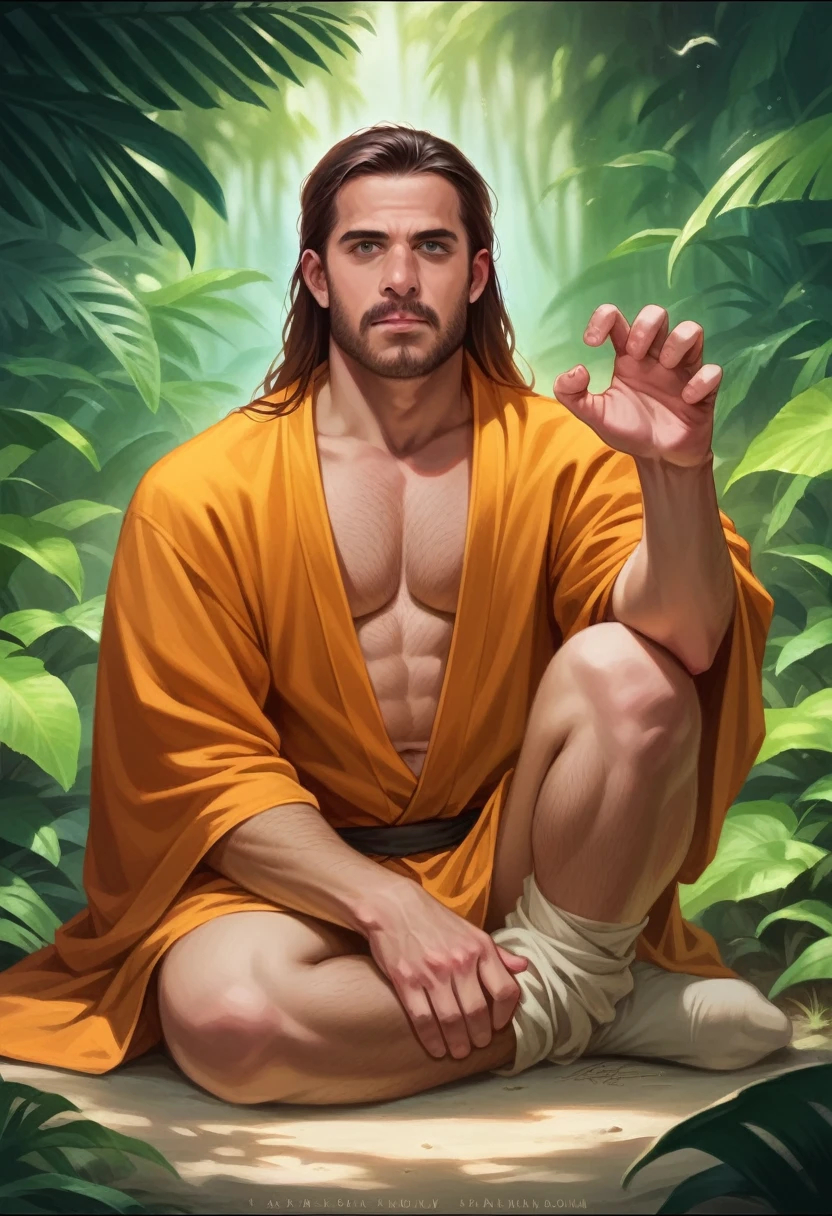 a high detailed photo of a long-haired brahmin man wearing an orange robe, sitting with hands in prayer pose, in the middle of a jungle with two black tigers in the background, realistic, photorealistic, ultra-detailed, 8k, hyperrealistic, cinematic lighting, dramatic colors, vibrant, masterpiece