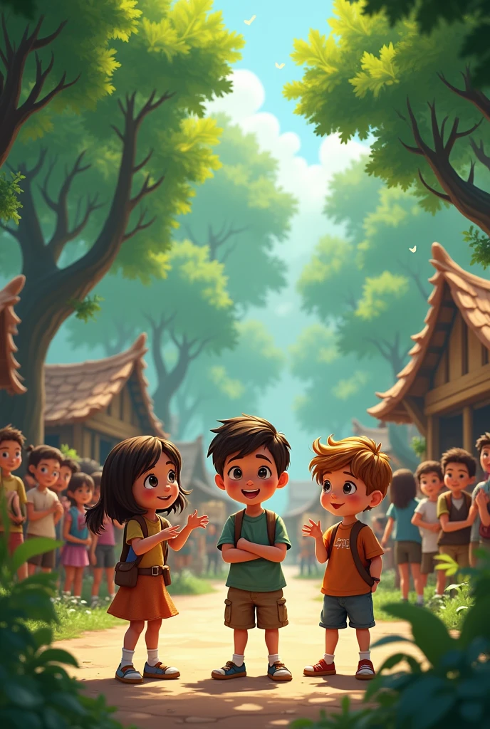 3 children sharing their experience in the forest with the village