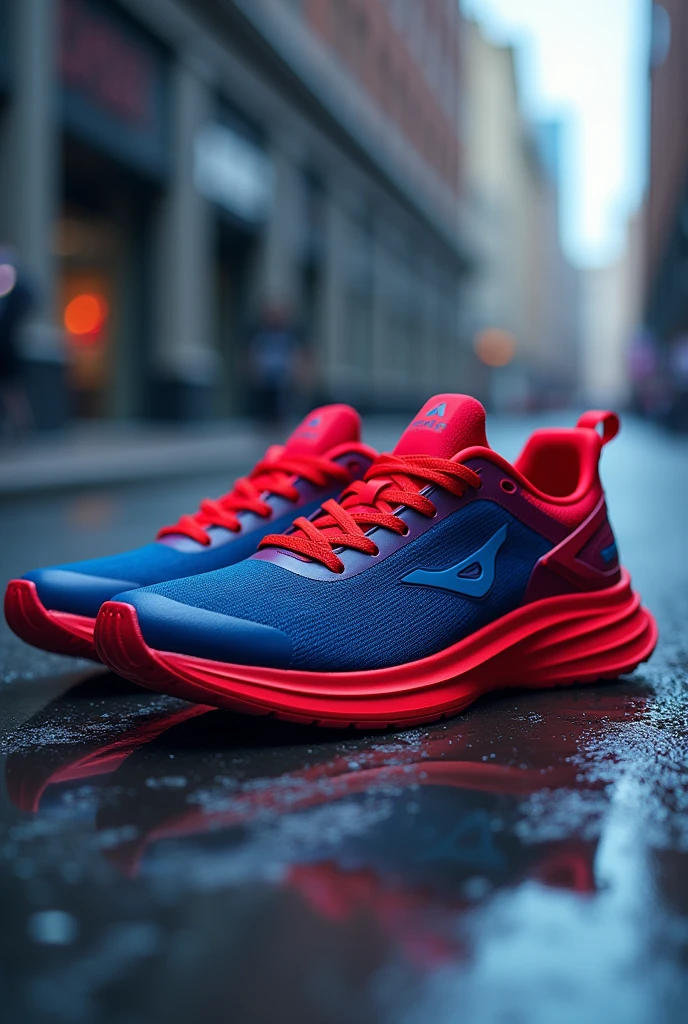 Modern running sports shoes in deep red and blue colors from a name brand "VORTIX".