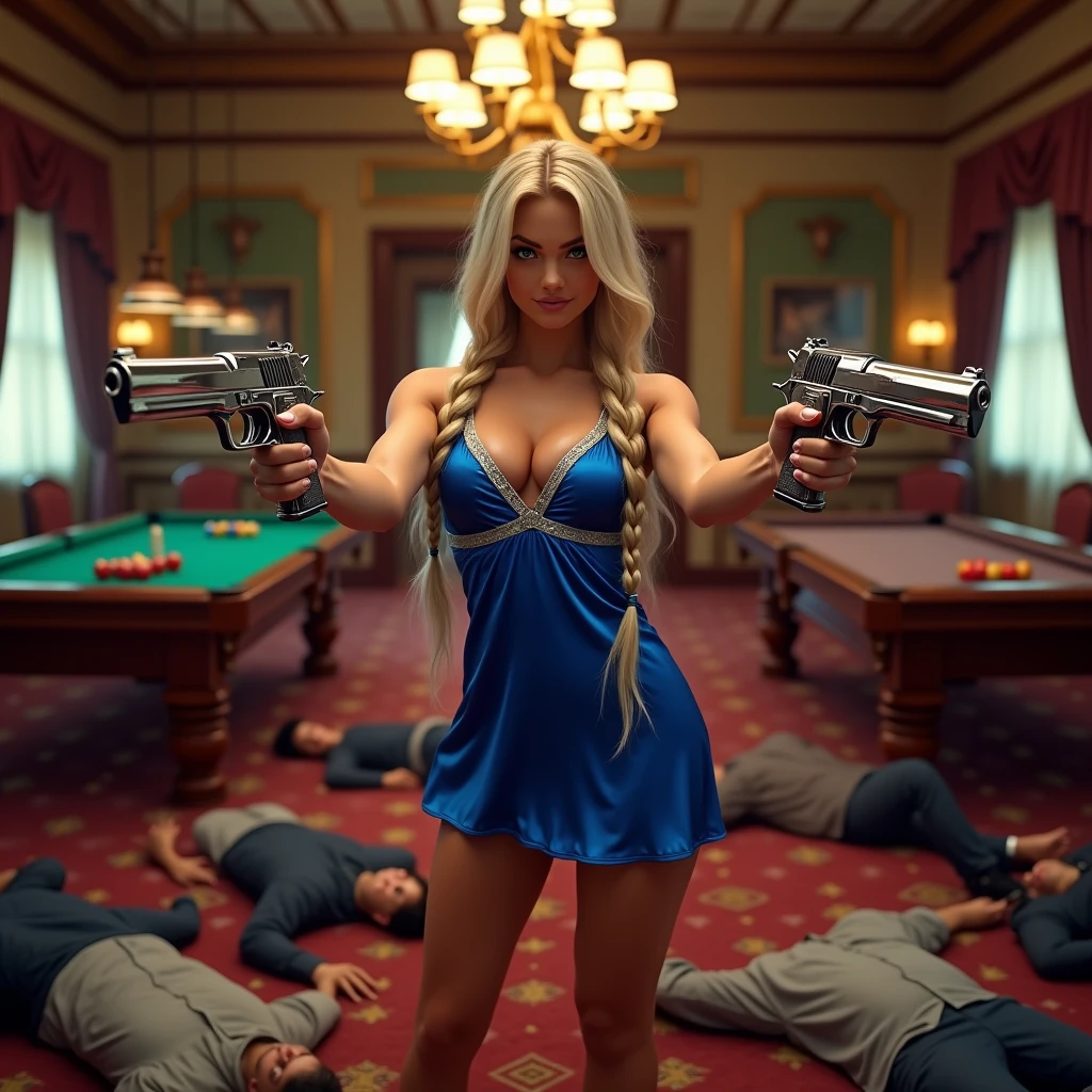 wide depth of field, wide depth of focus, f/11 lens setting, all objects in focus, full color image, woman two chrome pistols, holding a pistol, large fraternity house game room, full body image, (royal blue sleeve, short satin night gown), woman posing with a pistol, long blonde hair in braids, confidant smile, pure form, intricate details, 8K post-production, high resolution, super detailed, Popular topics on Artstation,, Studio photos, intricate details, Very detailed, she stands in the middle of the room and she is surrounded by a large pile of defeated men laying unconscious with closed eyes on the floor