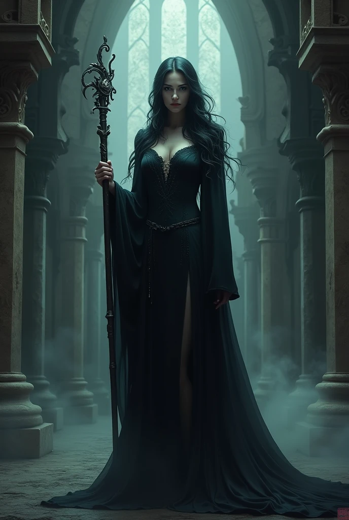 A Goddess of darkness in her long dark dress with a long wand in dark castle standing,