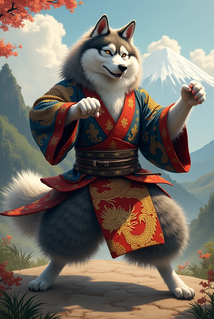 A Ainu dog. Wearing a Orange, blue, and gold kimono with a gold dragon image on chest. Doing a Japanese martial pose. 