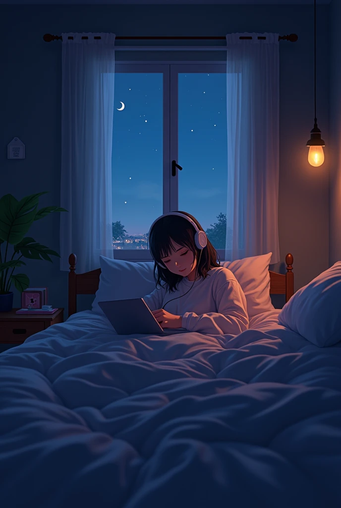 night、Listening to music in bed in a cozy room, Use headphones, 2D-style animations, Lo-Fi, hard disk, Dark Environment