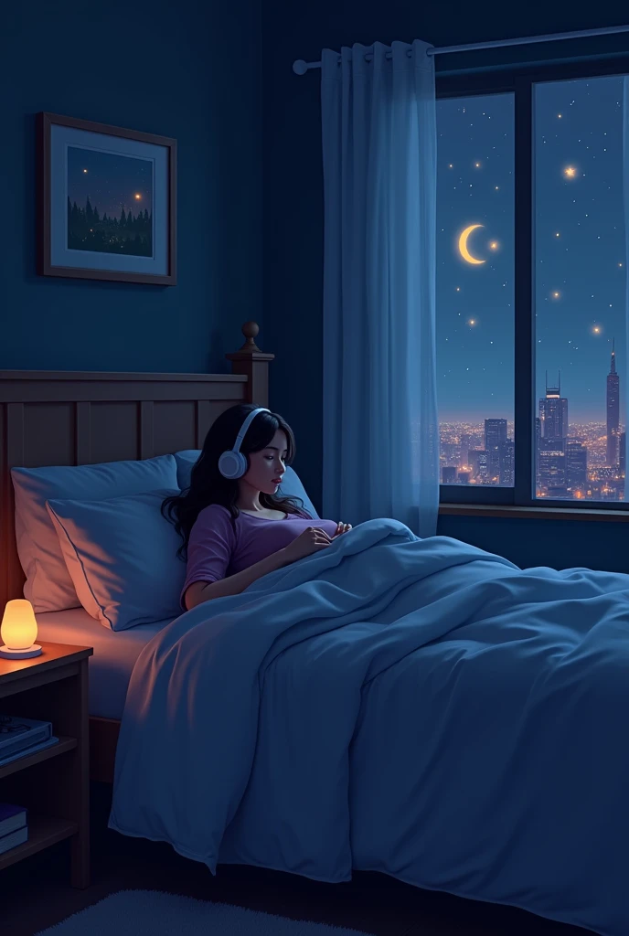 night、Listening to music in bed in a cozy room, Use headphones, 2D-style animations, Lo-Fi, hard disk, Dark Environment