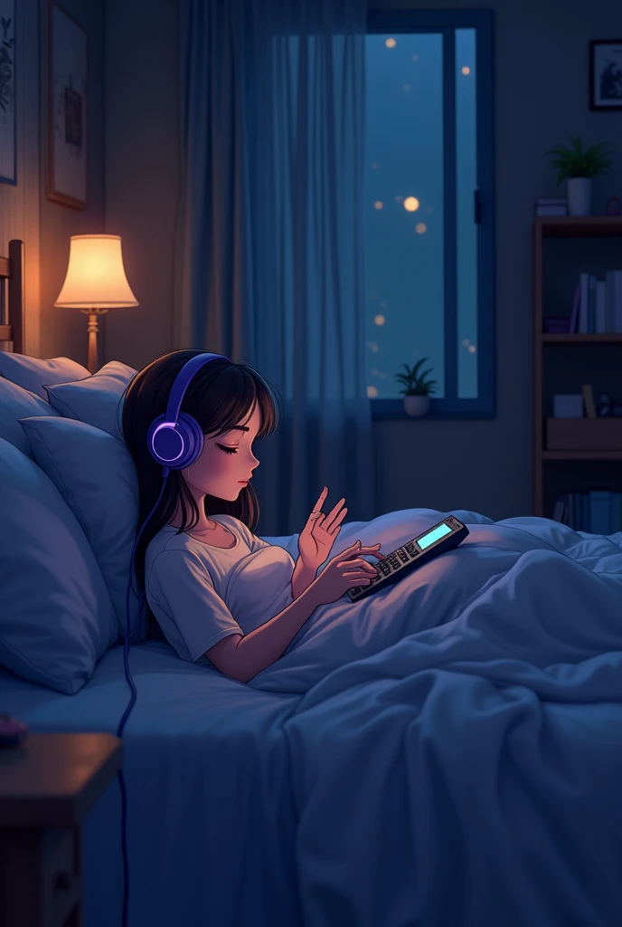 night、Listening to music in bed in a cozy room, Use headphones, 2D-style animations, Lo-Fi, hard disk, Dark Environment