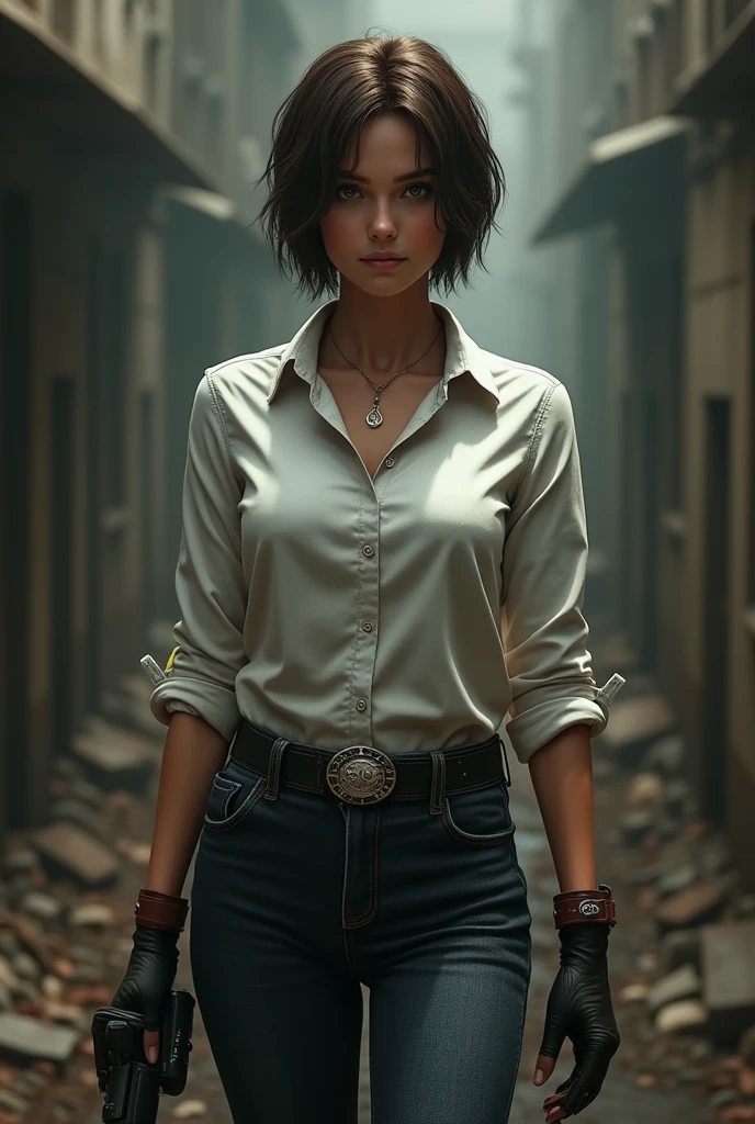Estilo Resident Evil 4 remake. Girl with short hair, dark brown and brown skin, Brown eyes. White long sleeve buttoned shirt, and dark blue flared jeans, boots with heels